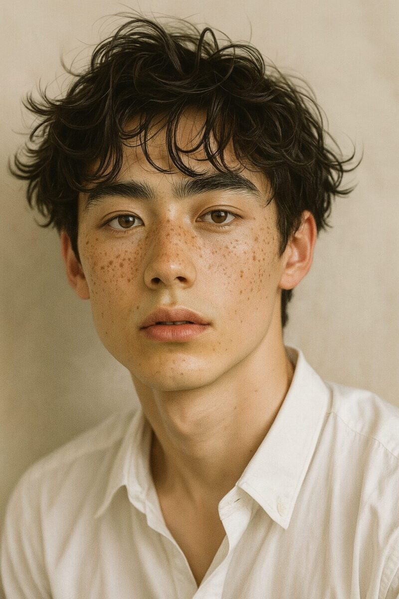 一位神情沉靜的男子正注視前方的肖像照。白襯衫與自然色背景營造出柔和的氛圍。