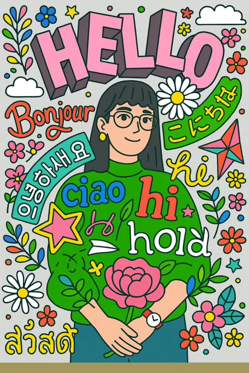 A colorful illustration of a woman in a green sweater smiling in front of a white wall, surrounded by greetings in various languages such as “HELLO,” “こんにちは,” “Bonjour,” “안녕하세요,” “hola,” and “ciao,” along with playful drawings of flowers, stars, and a paper airplane.