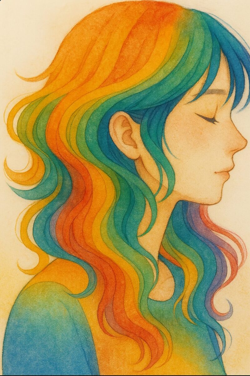A watercolor-style illustration of a woman in profile with her eyes closed and a gentle smile. Her long, wavy hair flows in a beautiful rainbow gradient—red, orange, yellow, green, blue, and purple. The soft beige background adds a warm, peaceful atmosphere to the image.
