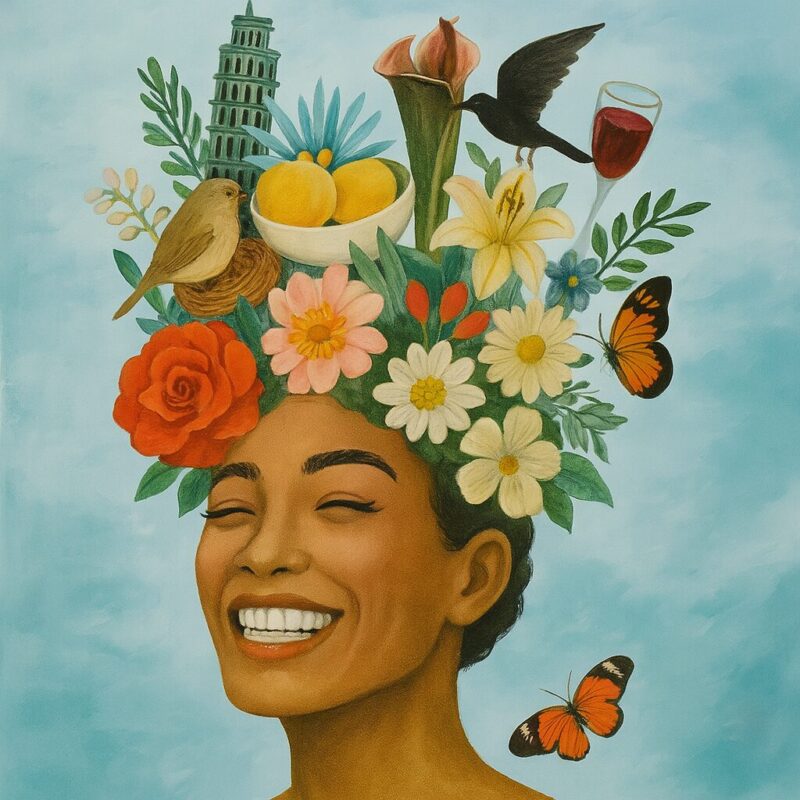 一位微笑女子的超現實拼貼風藝術作品,頭上盛開著花朵、水果、蝴蝶、鳥兒、酒杯與建築物。