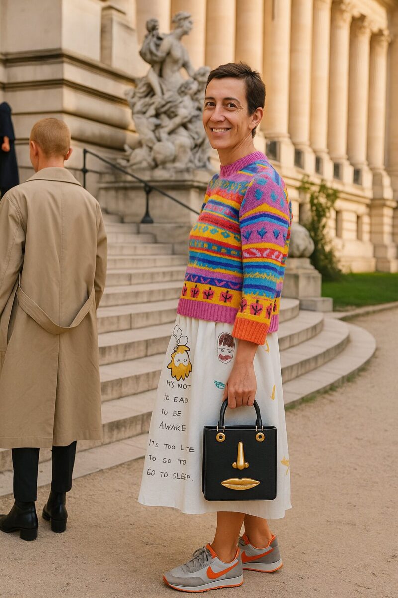 A person smiling in front of a historic building, wearing a colorful sweater and a white skirt with hand-drawn style illustrations. They are holding a black handbag with a face design and wearing orange-accented sneakers.