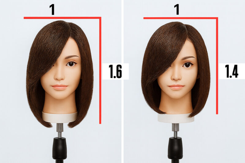 Comparison photo of two different bob hairstyles showing the Golden Ratio (1:1.6) and Silver Ratio (1:1.4). The left style has a longer vertical silhouette (1:1.6), while the right style appears rounder (1:1.4).