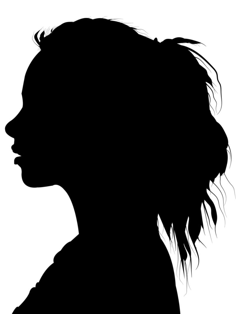 Silhouette of a woman in profile with her hair tied back.