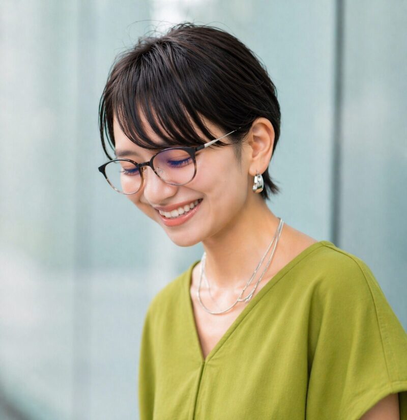Short hairstyle on a woman wearing glasses, with soft movement and natural roundness, creating a light and elegant impression.